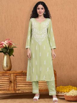 PARAMOUNT CHIKAN - Green Hand Embroidered Chikankari Kurta with Pant