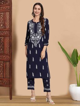 PARAMOUNT CHIKAN - Navy Blue Hand Embroidered Chikankari Kurta with Pant