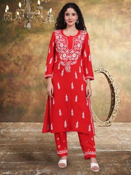 PARAMOUNT CHIKAN - Red Hand Embroidered Chikankari Kurta with Pant