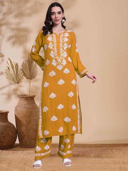 PARAMOUNT CHIKAN - Mustard Chikankari Rayon Kurta with Palazzo