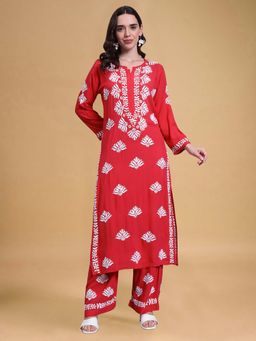 PARAMOUNT CHIKAN - Red Chikankari Rayon Kurta with Palazzo