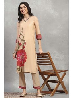 Rangriti - Beige Viscose Blend Printed Straight Kurta