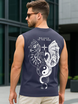 Bewakoof - Men's Navy Blue Seek Balance Graphic Printed Boxy Fit Vest