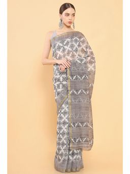 Soch - Women Grey Chanderi Printed Saree with Unstitched Blouse