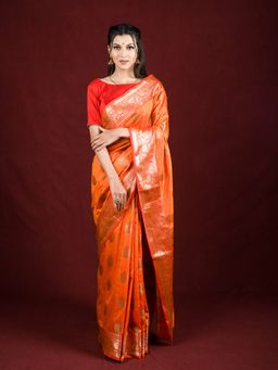 EXCLUSIVA - Orange Banarasi Blended Silk Woven Saree Zari Work with Unstitched Blouse