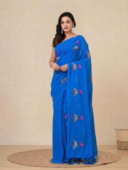 CHARUKRITI - Sky Blue Ethnic Motifs Cotton Soft Saree