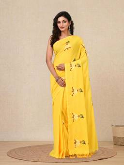 CHARUKRITI - Yellow Ethnic Motifs Cotton Soft Saree