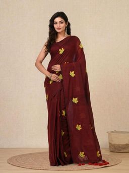 CHARUKRITI - Maroon Leaf Motifs Cotton Soft Saree