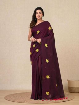 CHARUKRITI - Burgundy Leaf Motifs Cotton Soft Saree