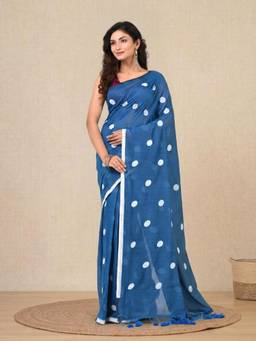 CHARUKRITI - Sky Blue Polka Dots Cotton Soft Saree