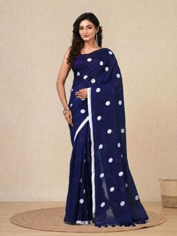 CHARUKRITI - Navy Blue Polka Dots Cotton Soft Saree