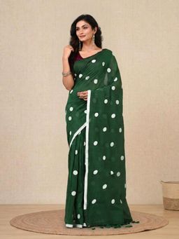 CHARUKRITI - Green Polka Dots Cotton Soft Saree