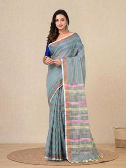 CHARUKRITI - Sky Blue Stripes Cotton Handspun Soft Saree