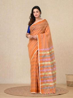 CHARUKRITI - Orange Stripes Cotton Handspun Soft Saree