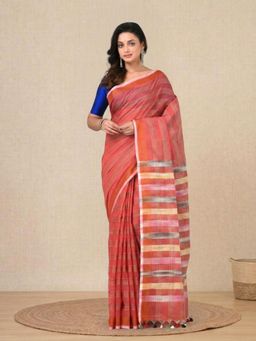 CHARUKRITI - Red Stripes Cotton Handspun Soft Saree