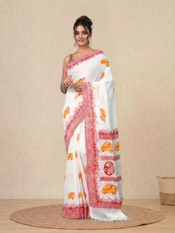 CHARUKRITI - Off White Printed Cotton Handspun Soft Saree