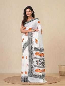 CHARUKRITI - White Printed Cotton Handspun Soft Saree
