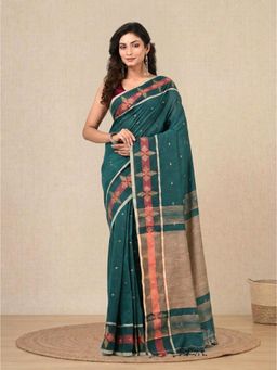 CHARUKRITI - Teal Ethnic Motifs Cotton Handspun Soft Saree