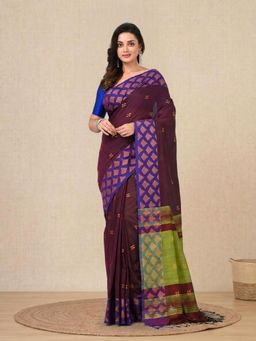 CHARUKRITI - Brown Geometric Motifs Cotton Handspun Soft Saree