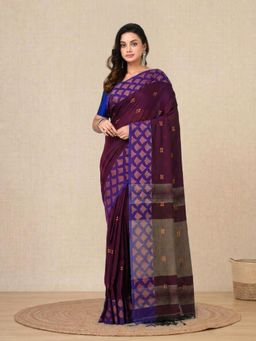 CHARUKRITI - Purple Geometric Motifs Cotton Handspun Soft Saree