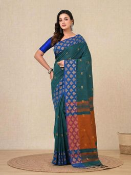 CHARUKRITI - Teal Geometric Motifs Cotton Handspun Soft Saree