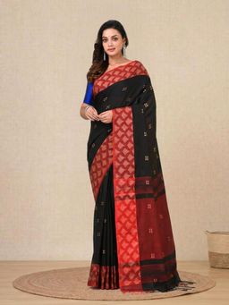 CHARUKRITI - Black Geometric Motifs Cotton Handspun Soft Saree