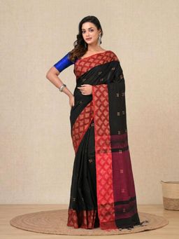 CHARUKRITI - Black Geometric Motifs Cotton Handspun Soft Saree