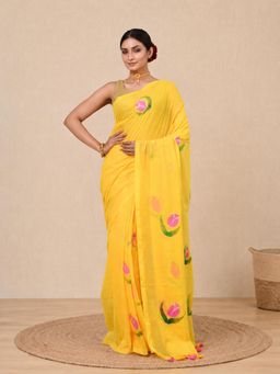 CHARUKRITI - Yellow Printed Mulmul Soft Saree