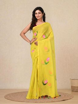 CHARUKRITI - Lemon Yellow Printed Mulmul Soft Saree