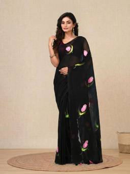 CHARUKRITI - Black Printed Mulmul Soft Saree