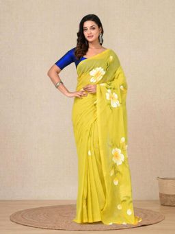 CHARUKRITI - Lime Green Printed Mulmul Soft Saree