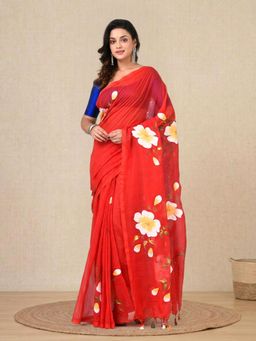 CHARUKRITI - Red Printed Mulmul Soft Saree