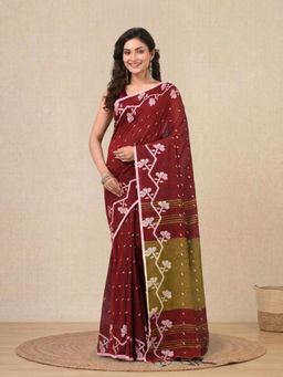 CHARUKRITI - Red Geometric Motifs Cotton Handspun Soft Saree