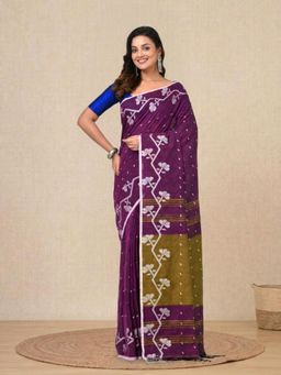 CHARUKRITI - Purple Geometric Motifs Cotton Handspun Soft Saree