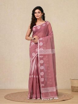CHARUKRITI - Pink Printed Cotton Handspun Soft Saree