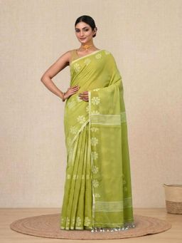 CHARUKRITI - Green Printed Cotton Handspun Soft Saree