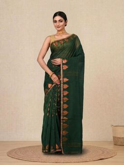 CHARUKRITI - Green Heart Motifs Cotton Handspun Soft Saree