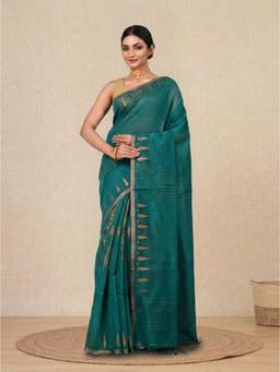 CHARUKRITI - Teal Geometric Motifs Cotton Handspun Soft Saree