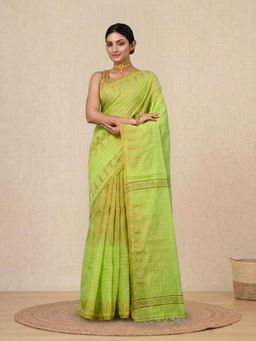 CHARUKRITI - Green Geometric Motifs Cotton Handspun Soft Saree