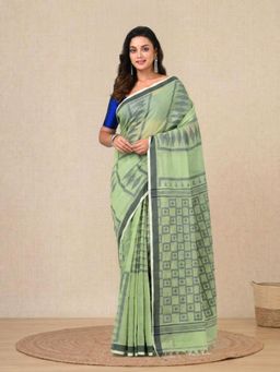CHARUKRITI - Light Green Printed Pattern Cotton Handspun Soft Saree