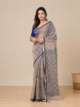 CHARUKRITI - Beige Printed Pattern Cotton Handspun Soft Saree
