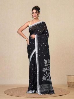 CHARUKRITI - Black Floral Motifs Cotton Soft Saree