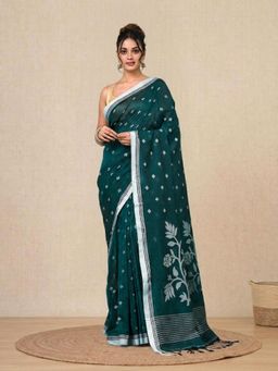 CHARUKRITI - Teal Floral Motifs Cotton Soft Saree
