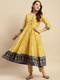 Rangita - Women Chanderi Yellow Gold Printed Kalidar Kurta with Contrast Border at Bottom Hem