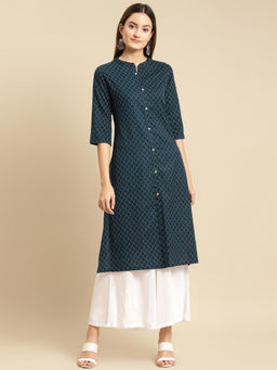 Rangita - Women Cotton Flex Navy Tonal Front Button placket Calf length A line Kurta
