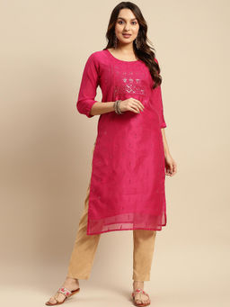 Rangita - Women Chanderi Pink Sequin Yoke Embellished Calf Length Straight Kurta