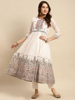 Rangita - Women Chanderi Off White Yoke Embroidered Calf Length Anarkali Kurta