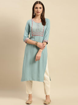 Rangita - Women Viscose Blend Teal Yoke Embroidered Calf Length Partywear Straight Kurta