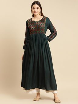 Rangita - Women Rayon Green Yoke Embroidered Calf Length Kurta Gathered at Waist