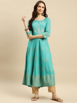 Rangita - Women Rayon Teal Yoke Embroidered Gold Printed Calf Length Anarkali Kurta